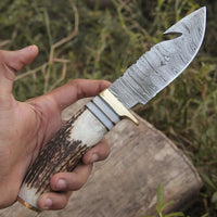 Custom Handmade Damascus Steel Guthook Skinning Knife – 9" Stag Horn Handle with Brass Guard & Leather Sheath