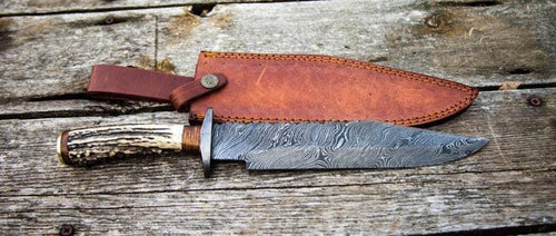 Damascus Steel 1800s Bowie Knife – 15" with Damascus Steel Guard & Stag Horn Handle, Includes Leather Sheath