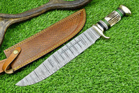 Custom Handmade Damascus Steel Bowie Knife with Stag Horn Handle – 16" Blade with Leather Sheath
