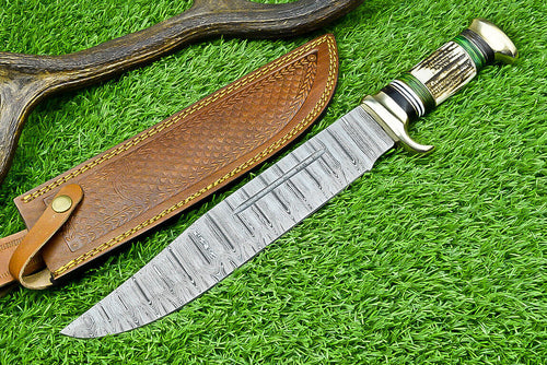 Deluxe Dundee Knife – 16" Handmade Damascus Steel Blade with Brass Guard & Pakkawood or Stag Horn Handle + Leather Sheath