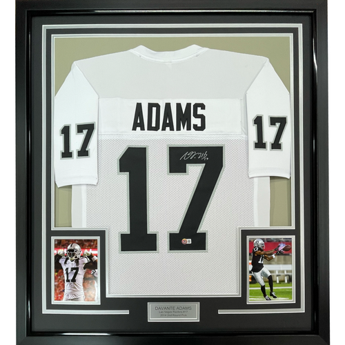 Framed Autographed/Signed Davante Adams 35x39 Las Vegas Oakland White Football Jersey Beckett BAS COA