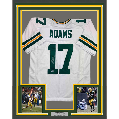 Framed Autographed/Signed Davante Adams 35x39 Green Bay White Football Jersey Beckett BAS COA