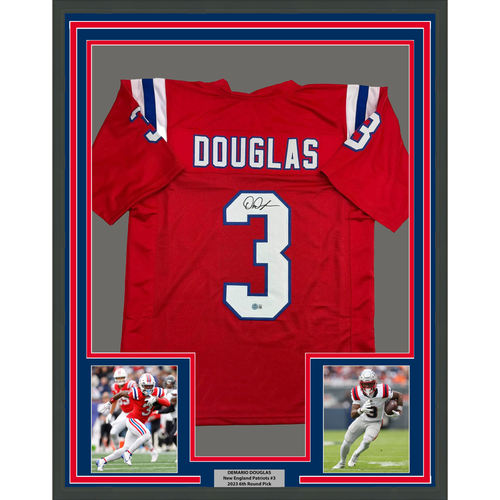 Framed Autographed/Signed DeMario Douglas 35x39 New England Red Football Jersey Beckett BAS COA