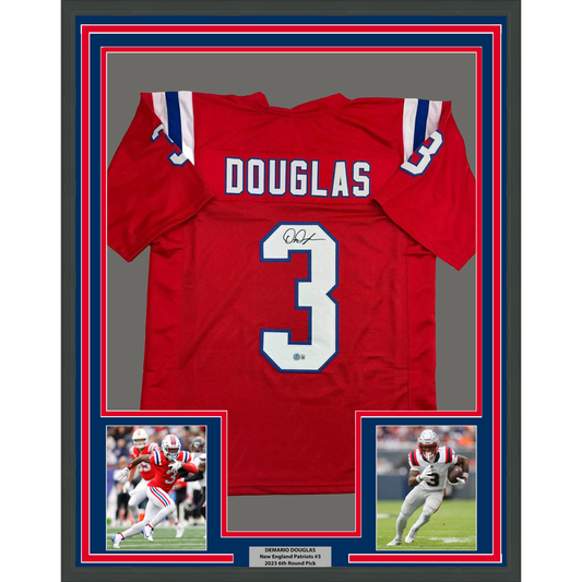 Framed Autographed/Signed DeMario Douglas 35x39 New England Red Football Jersey Beckett BAS COA