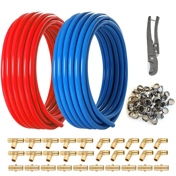 1/2" 2 x100ft, 200ft PEX-B Tubing (Blue & Red), 1/2" Barb Crimp Brass Fittings (30 PCS), Cinch Clamps (100 PCS) Plumbingsell
