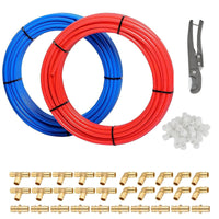 1/2" 2 x100ft, 200ft PEX-A Tubing (Blue & Red), 1/2" Brass Expansion Elbow & Tee & Coupler (30 PCS), 1/2" Expansion Rings (100 PCS), Pipe Cutter (1/2" ) Plumbingsell