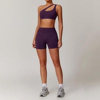 Slant Shoulder Bra + High-Waisted Shorts Yoga Set | Country Girl Fitness Outfit