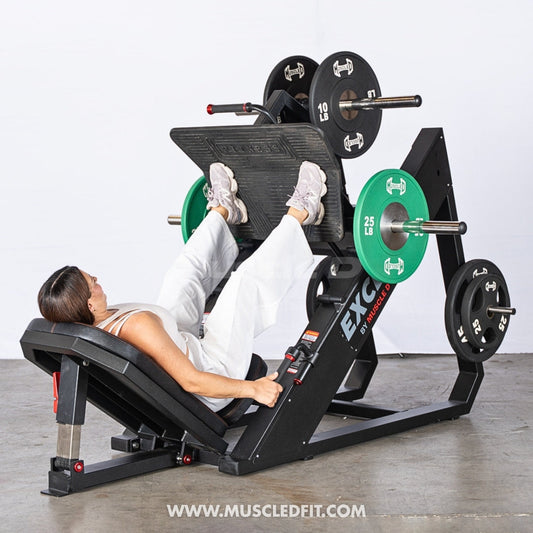 Excel Linear Leg Press - Muscle D Fitness - Plate Load Leg Press - Adjustable Back Pad - Plate Storge Pegs