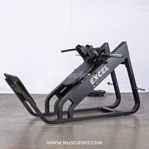 Excel Linear Hack Slide - Muscle D Fitness - Plate Load Hack Squat - Weight Storage Pegs - Safety Catch