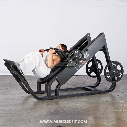 Excel Linear Hack Slide - Muscle D Fitness - Plate Load Hack Squat - Weight Storage Pegs - Safety Catch