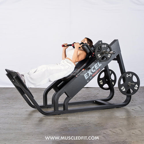 Excel Linear Hack Slide - Muscle D Fitness - Plate Load Hack Squat - Weight Storage Pegs - Safety Catch