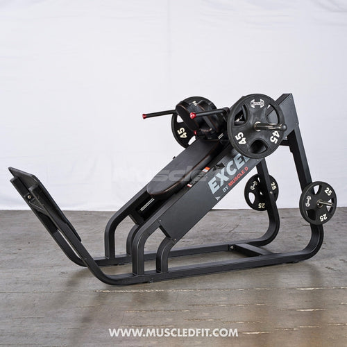 Excel Linear Hack Slide - Muscle D Fitness - Plate Load Hack Squat - Weight Storage Pegs - Safety Catch