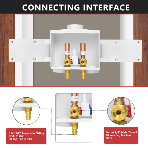 1/2" PEX Crimp (F1807) Inlet, Washing Machine Outlet Box, Single Control Valve, Copper Water Hammer Arrestor Plumbingsell