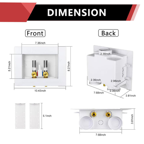 10 Pcs 1/2" PEX Expansion (F1960) Inlet, Washing Machine Outlet Box, Single Control Valve, with SS Hammer Arrestor