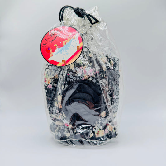 LA Indulgence Reusable Shower Cap Black with Flowers