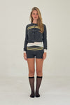Cashmere Wool Stripe Cardigan in Charcoal/Butter