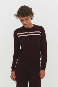 CASHMERE WOOL STRIPE CARDIGAN IN RASPBERRY CREAM