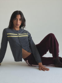 Cashmere Wool Stripe Cardigan in Charcoal/Butter