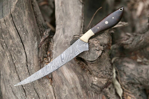 Damascus Fillet Knife – 13" Rosewood Handle & Leather Sheath