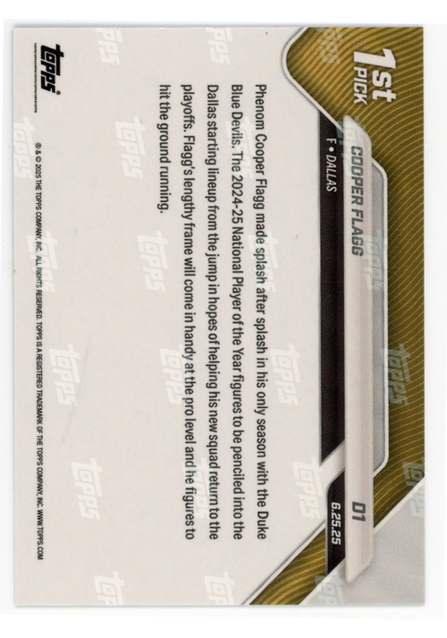 2025 Topps Now Cooper Flagg #D1 Green Foil /99 Dallas Mavericks Rookie RC Basketball Card