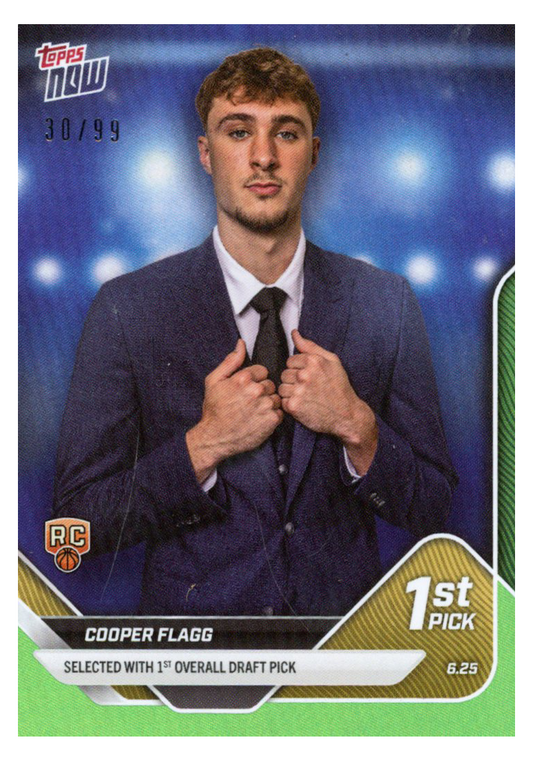 2025 Topps Now Cooper Flagg #D1 Green Foil /99 Dallas Mavericks Rookie RC Basketball Card