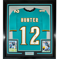 Framed Autographed/Signed Travis Hunter 35x39 Jacksonville Teal Retro Football Jersey Beckett BAS COA