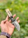 Hunting Knives for Sale – 9" Damascus Steel Blade with Sheep Horn/Resin Handle & Leather Sheath
