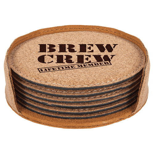4" Dark Brown Round Laserable Leatherette 6-Coaster Set