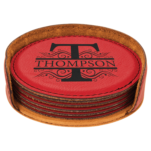 4" Dark Brown Round Laserable Leatherette 6-Coaster Set