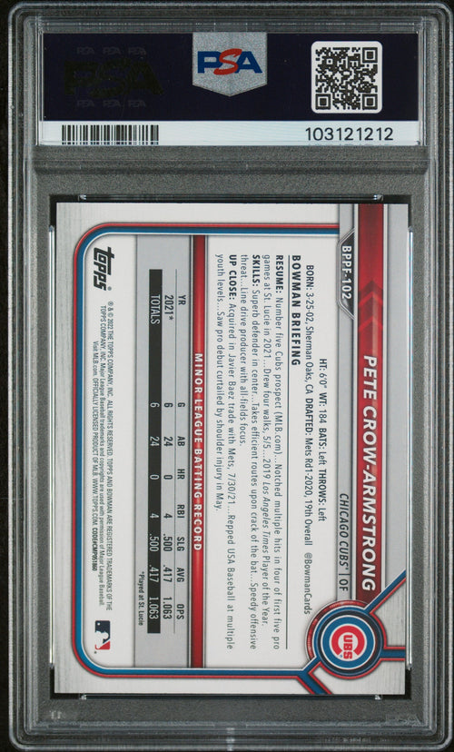 Graded 2022 Topps Bowman 1st Edition Pete Crow Armstrong #BPPF102 Sky Blue Foil Rookie RC Baseball Card PSA 10 Gem Mint