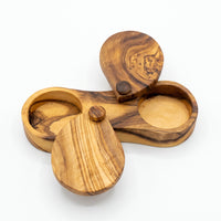 Hand-Carved Mediterranean Olive Wood Spice Box Dual-Cell with Swivel Lids