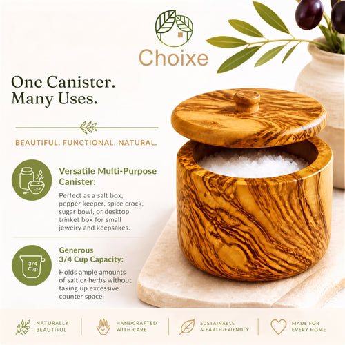 Mediterranean Olive Wood Salt Cellar Canister with Swivel Lid