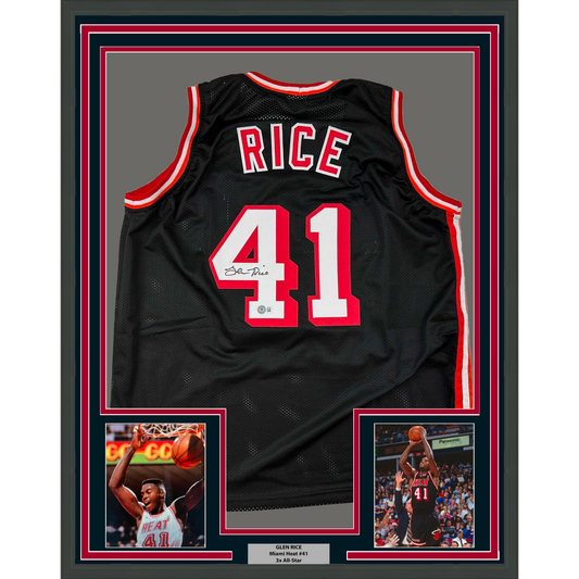 Framed Autographed/Signed Glen Rice 35x39 Miami Black Basketball Jersey Beckett BAS COA
