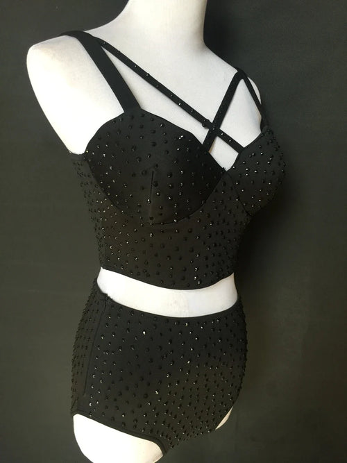 Sparkly Rhinestone Crop Top & High-Waisted Shorts Two-Piece Dance Costume Set