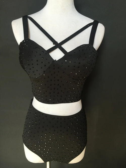 Sparkly Rhinestone Crop Top & High-Waisted Shorts Two-Piece Dance Costume Set