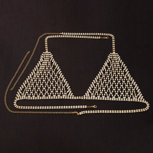 Luxury Rhinestone Grid Body Chain Set – Shimmering Crystal Mesh Bra & Thong Harness Set for Raves, Festivals & Exotic Clubwear