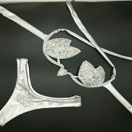 Luxury Rhinestone Cut-Out Leotard – Shimmering Crystal Stage Bodysuit & Harness Costume for GoGo Dancers, Circus Acts & Raves