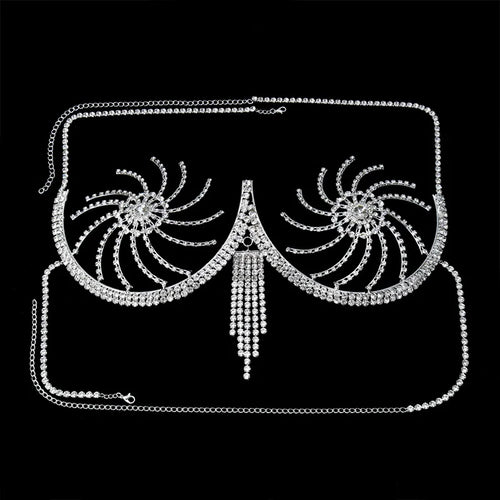Luxury Crystal Swirl Micro Bikini Body Chain – Shimmering Rhinestone Tassel Bra & Exotic Chest Harness for Festivals, Raves & Clubwear