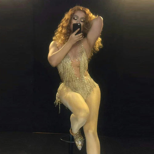 Sparkly Gold Rhinestone & Tassel Halter Neck Leotard Stage Costume