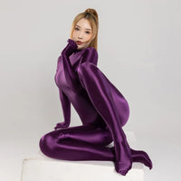 Silky Oil Glossy Long Sleeve Thong Bodysuit Full-Length Shaping Jumpsuit