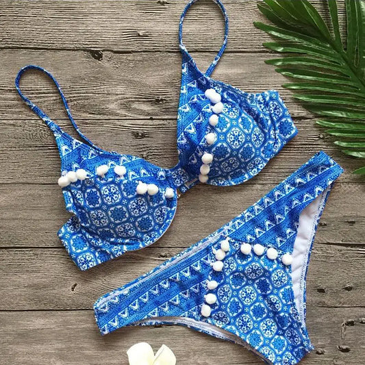 Sexy Two-Piece Swimsuits Women Bikini Set Retro Ethnic Print Beach Wear Blue Color Low Waist Brazilian Girls Bathing Suits