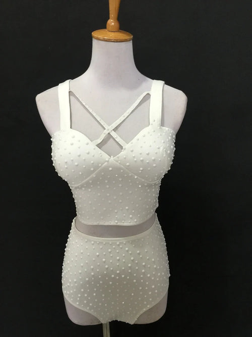 Sparkly Rhinestone Crop Top & High-Waisted Shorts Two-Piece Dance Costume Set