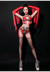 Red Rose Floral Fringe Bikini & Matching Fringe Gloves Stage Performance Costume Set