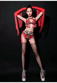 Red Rose Floral Fringe Bikini & Matching Fringe Gloves Stage Performance Costume Set