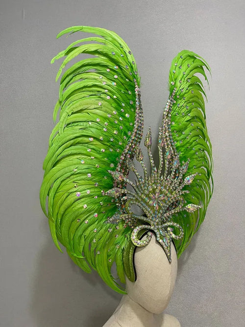 The Stardust Vertigo – Emerald Green Feathered Carnival & Samba Headdress