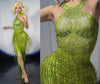 Sparkly Lime Green Rhinestone & Tassel Fringe Bodycon Dress Stage Performance Costume