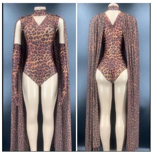 Wild Glam Leopard Print Gogo Bodysuit & Flowing Cape Set