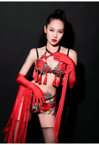 Red Rose Floral Fringe Bikini & Matching Fringe Gloves Stage Performance Costume Set