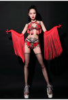 Red Rose Floral Fringe Bikini & Matching Fringe Gloves Stage Performance Costume Set