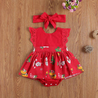 0-24M Baby Girls Romper Dress Lace Short Sleeve Cartoon Print Jumpsuits Headband Unique Design